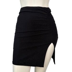 I JOAH Ruched Mini Skirt Black Y2K Silver Sparkle Slit Party Night Out Bling S
